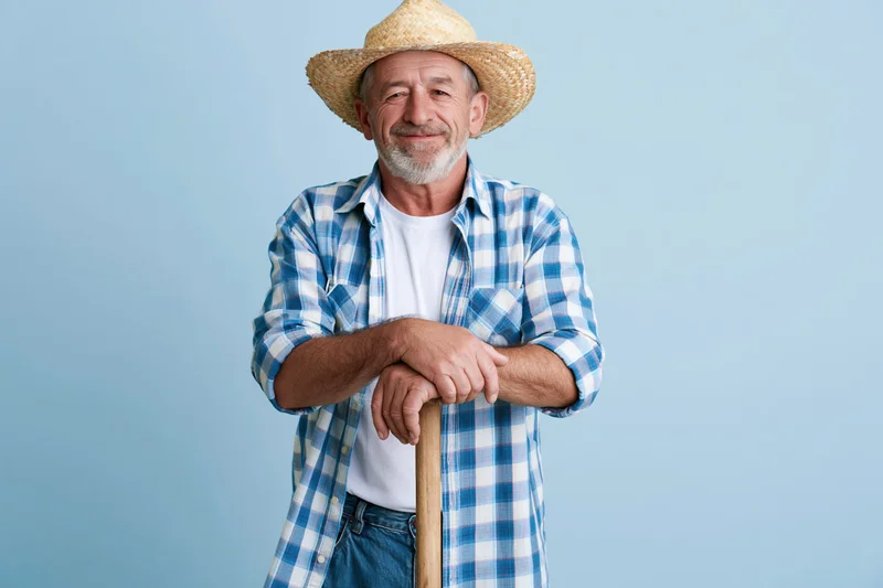 Senior man in straw hat and plaid shirt smiling while holding wooden stick against blue background