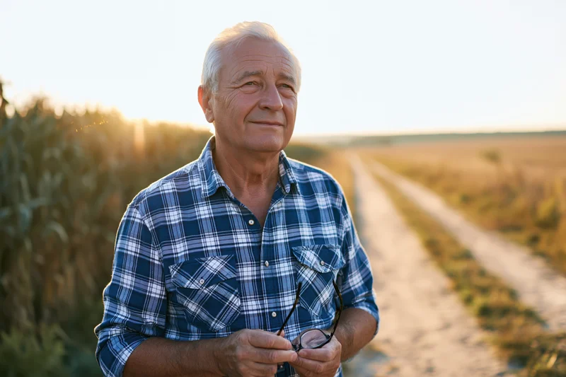 Senior man in plaid shirt holding glasses beside cornfield at sunset
