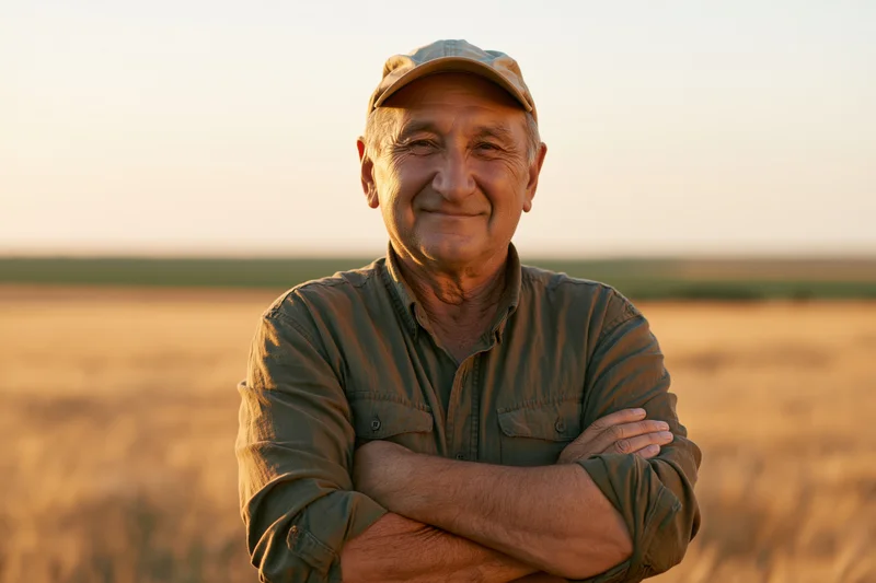 Senior man smiling with arms crossed in a wheat field at sunset