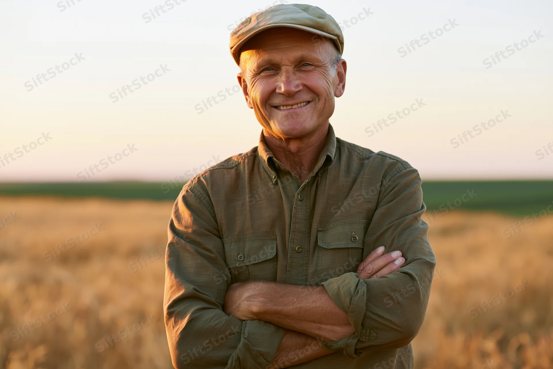 Senior man smiling with arms crossed in a wheat field at sunset