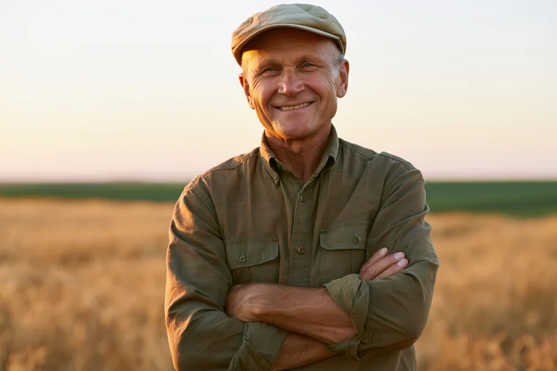 Senior man smiling with arms crossed in a wheat field at sunset