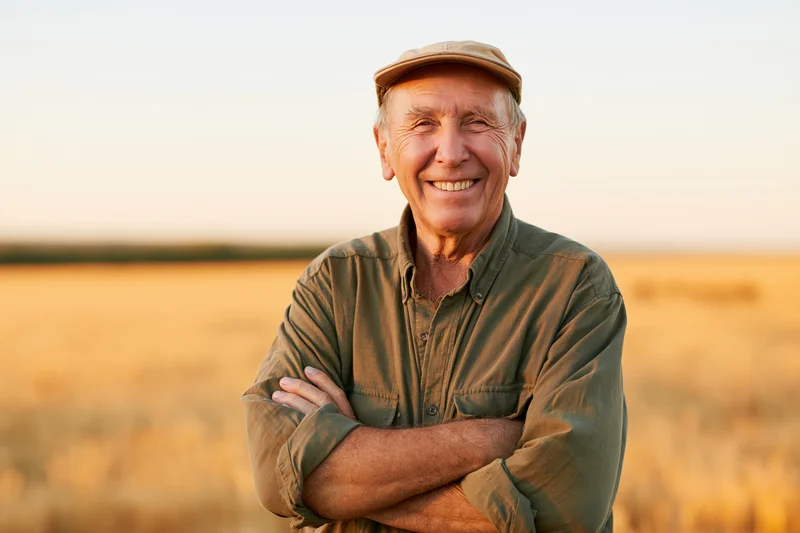 Senior man smiling with arms crossed in a golden wheat field at sunset