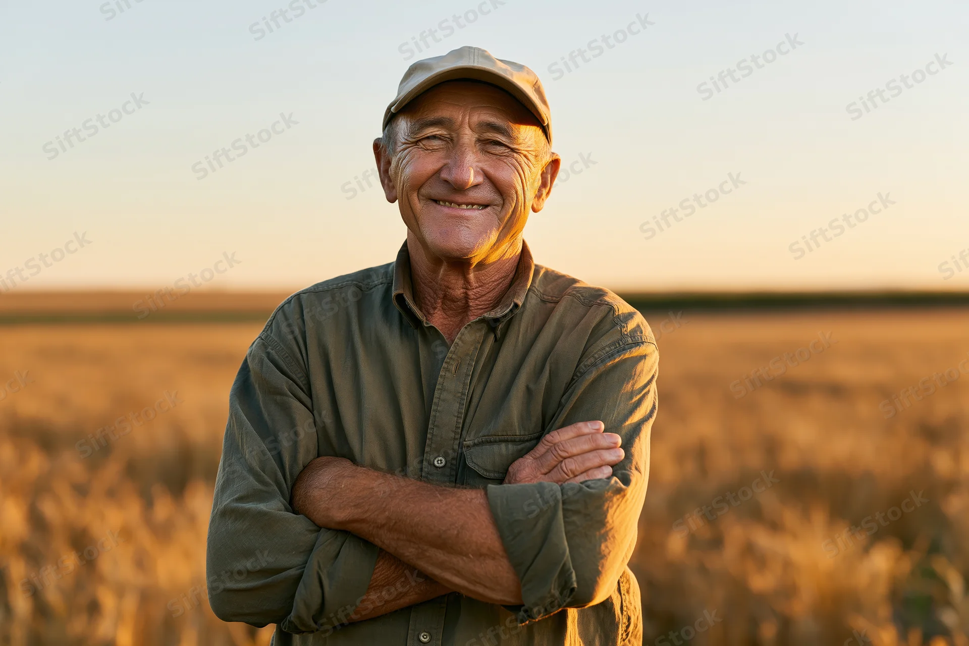 Senior farmer smiling with arms crossed in a golden wheat field at sunset