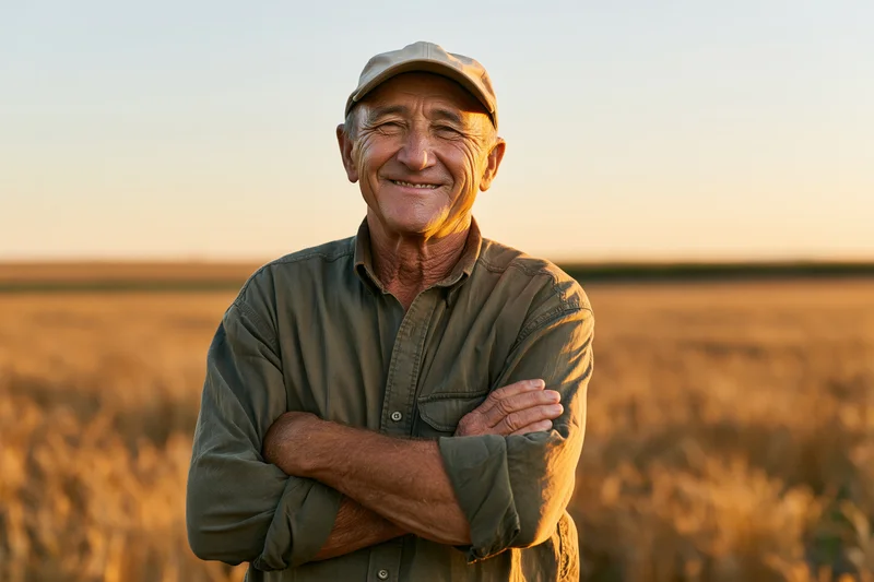 Senior farmer smiling with arms crossed in a golden wheat field at sunset