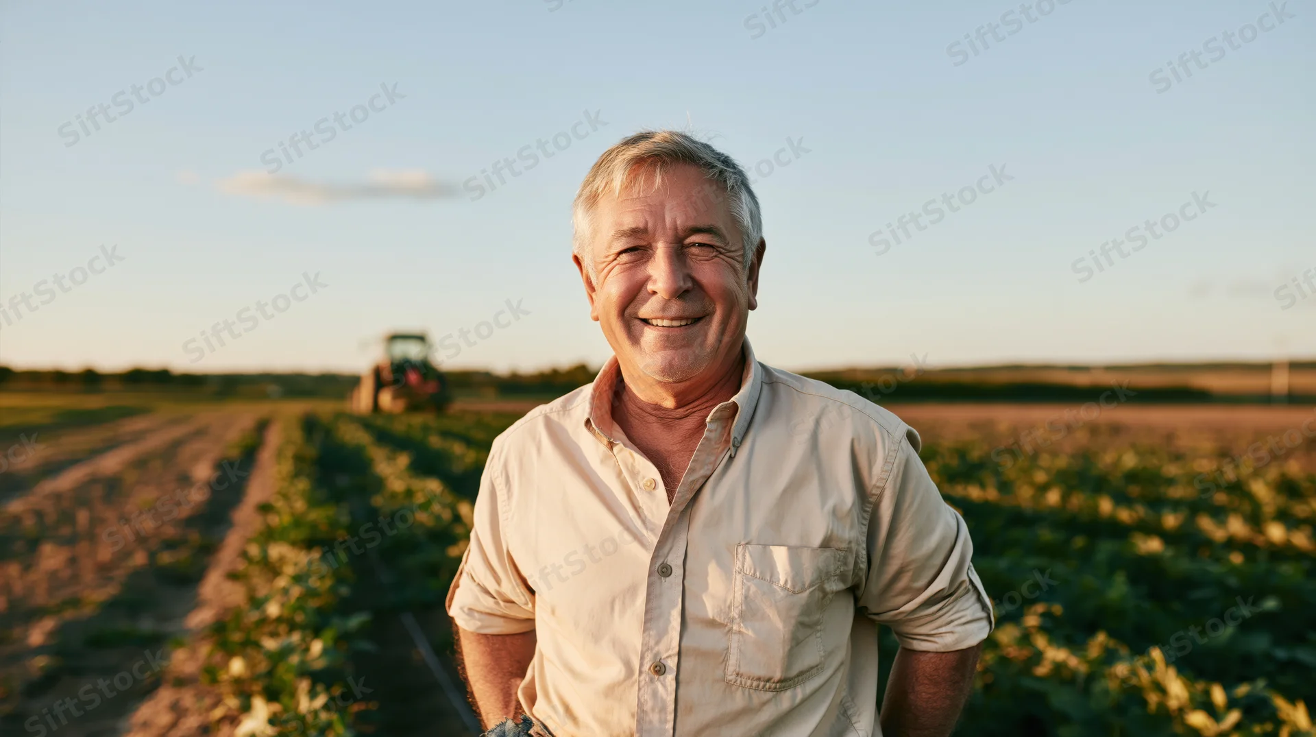 Senior man smiling in a crop field with tractor in background