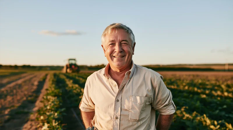 Older man stands in a sunset field beside a distant tractor