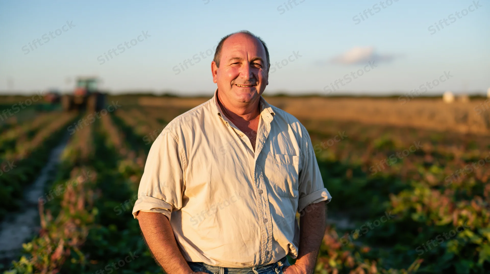 Smiling senior man standing in a cultivated field with tractor in background