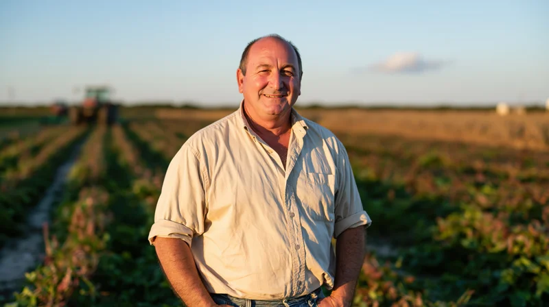 Smiling senior man standing in a cultivated field with tractor in background