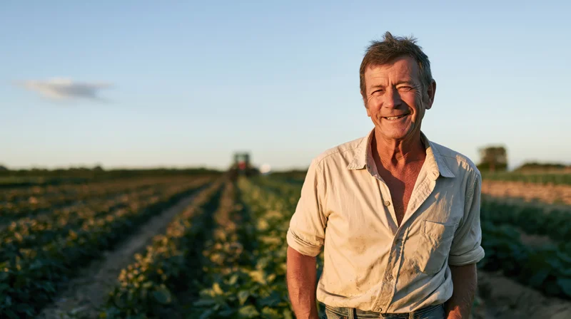 Senior man smiling in a vegetable field with tractor in background