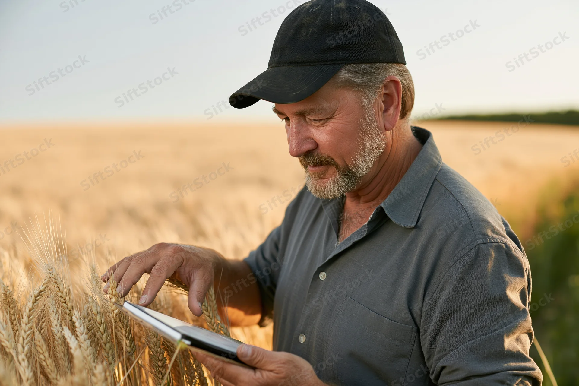Senior farmer inspecting wheat crop with tablet in golden field