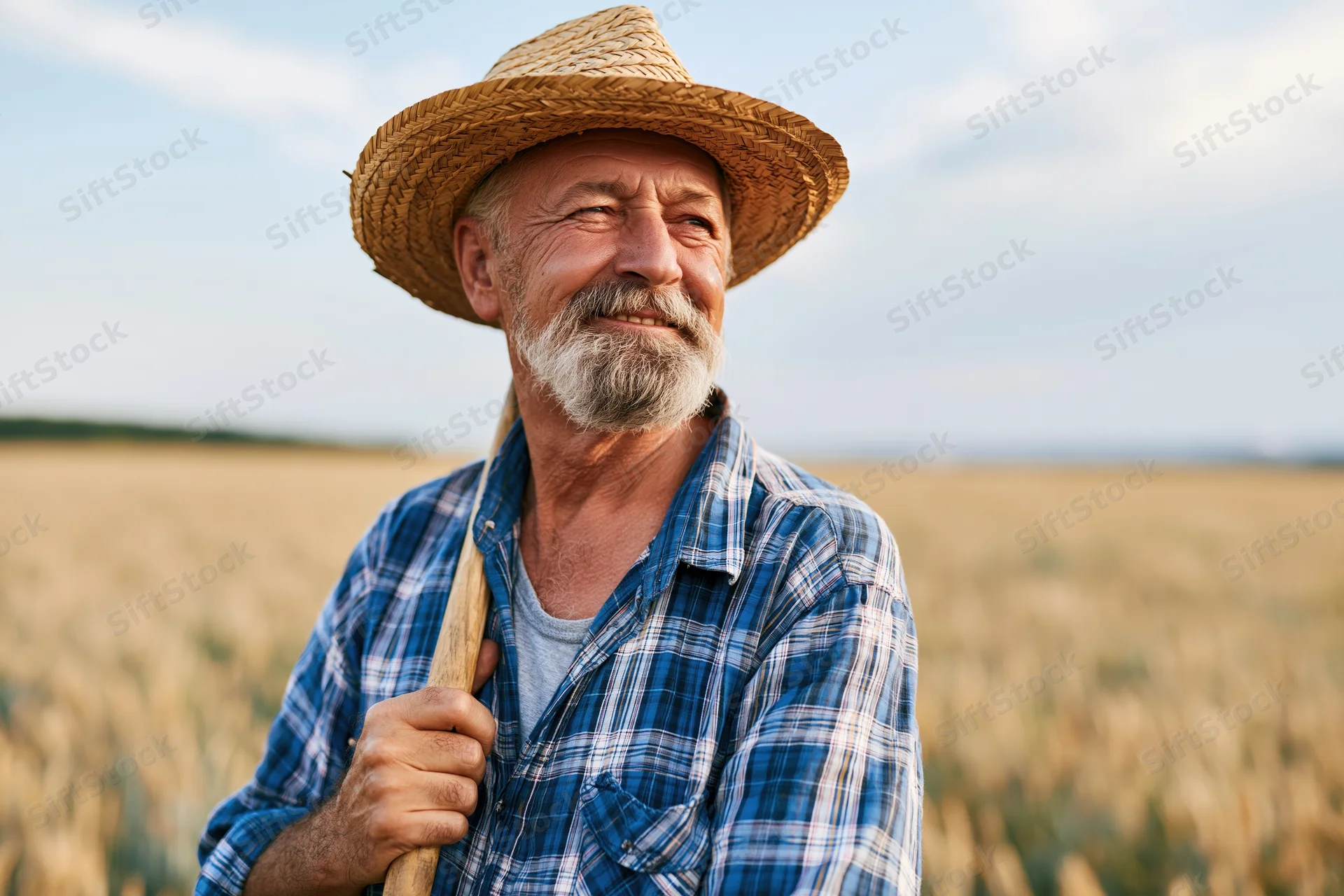 Senior man in straw hat smiling while holding wooden stick in wheat field