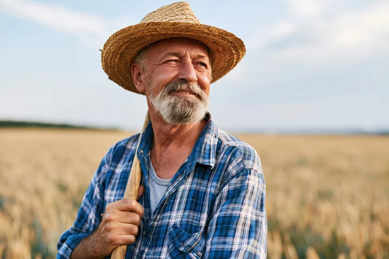 Senior man in straw hat smiling while holding wooden stick in wheat field