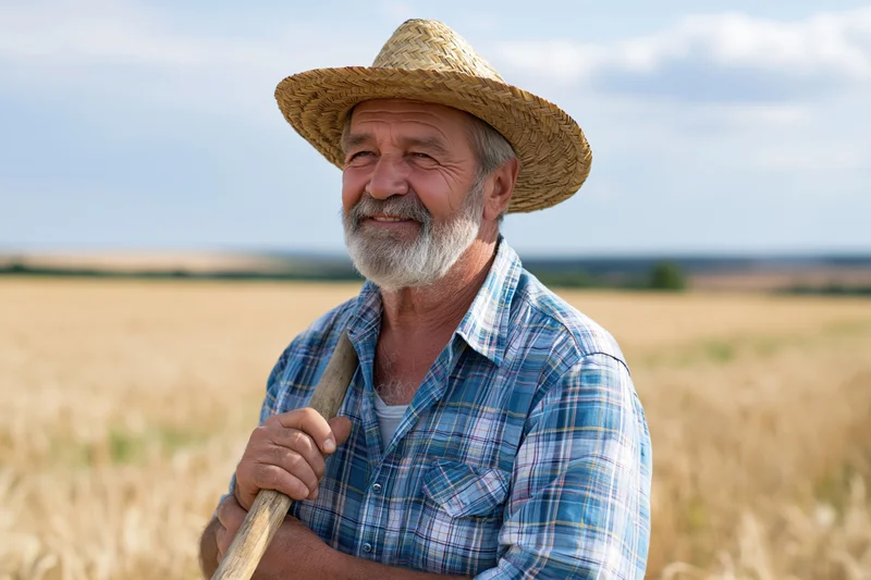 Senior man in straw hat smiling while holding farming tool in wheat field