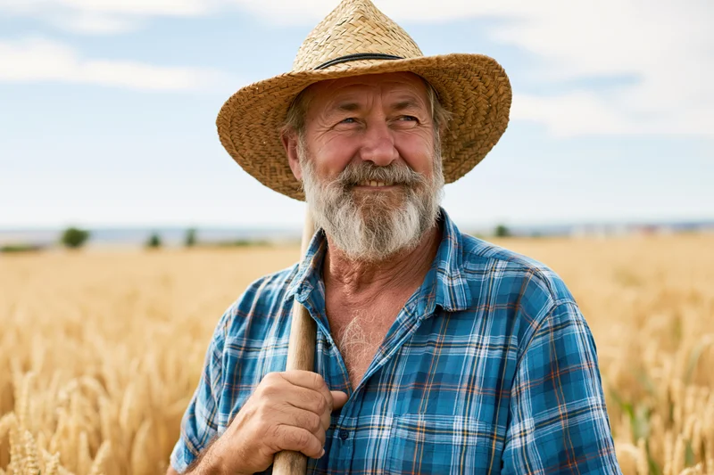 Senior man in straw hat smiling while holding a tool in a wheat field