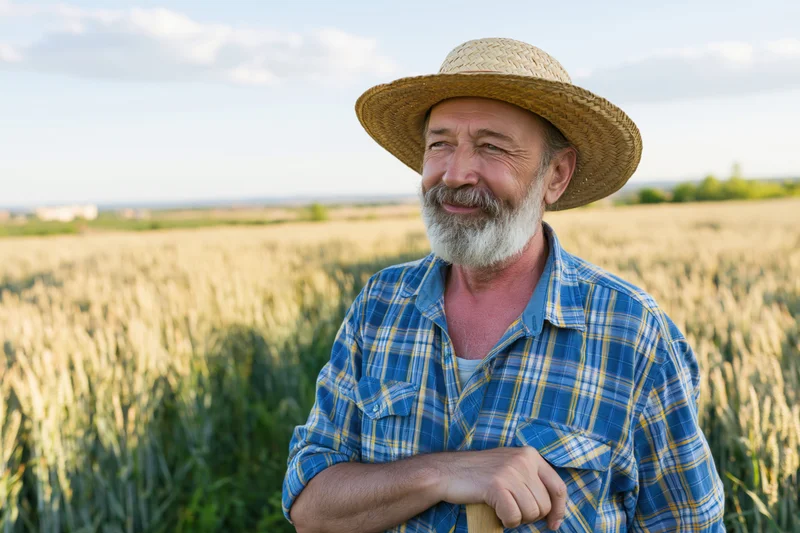 Senior man in straw hat smiling with arms crossed in a wheat field
