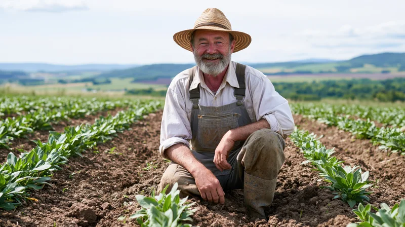 Senior man kneeling in a vegetable field wearing overalls and a straw hat, smiling at the camera