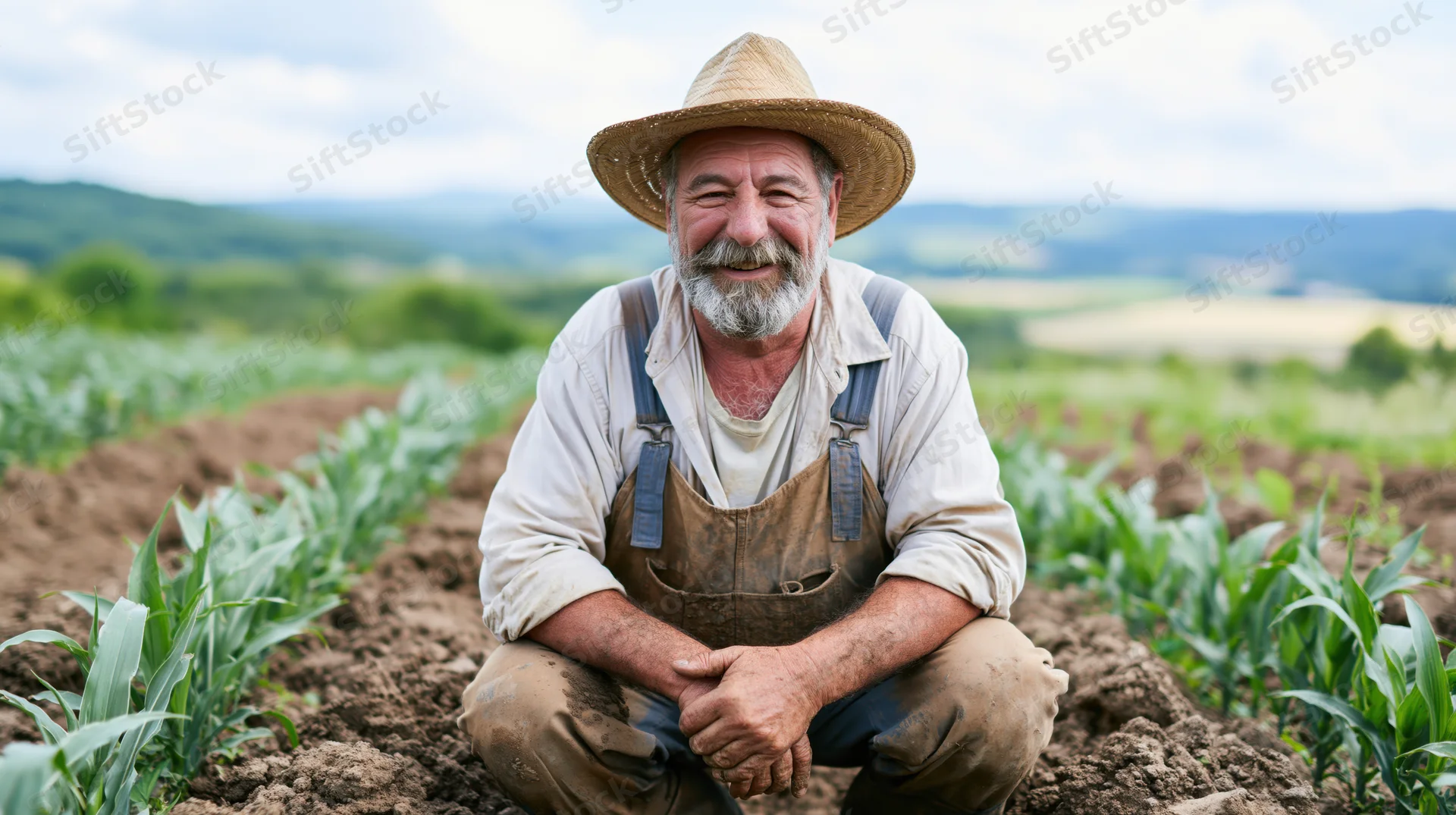 Senior farmer crouching in a cornfield with rows of crops and hills in the background