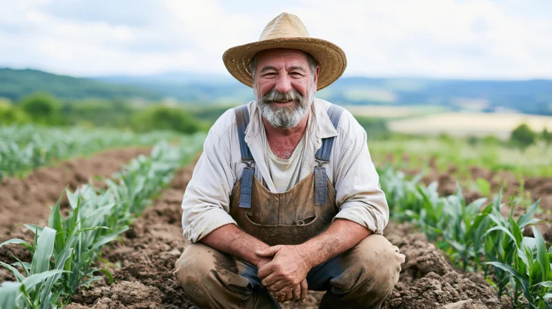 Senior farmer crouching in a cornfield with rows of crops and hills in the background