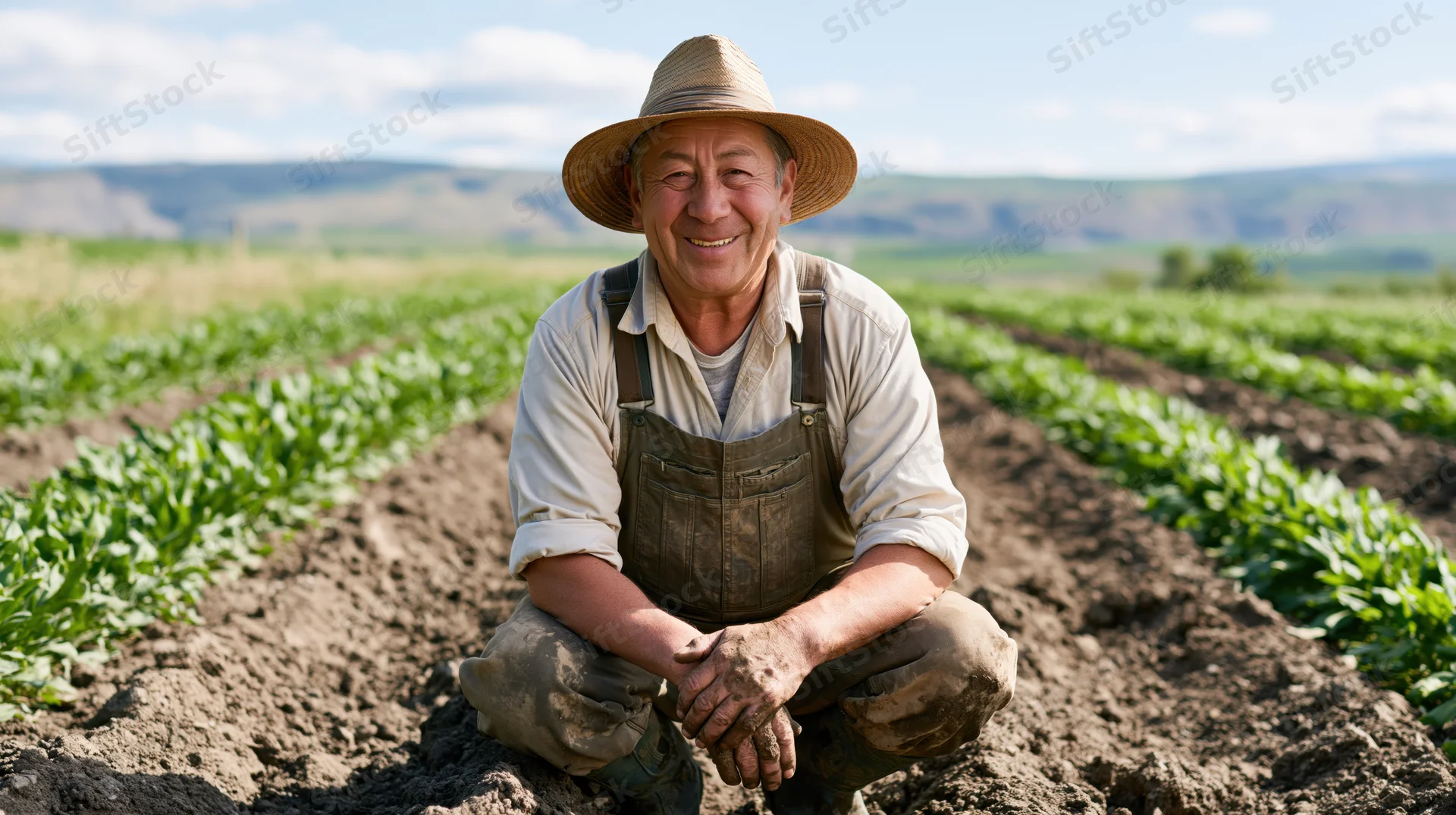 Senior farmer crouching in a vegetable field with rows of crops under a blue sky