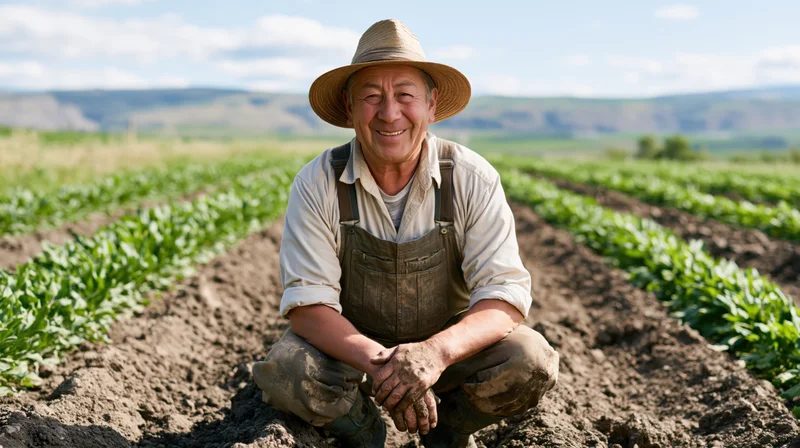 Senior farmer crouching in a vegetable field with rows of crops under a blue sky