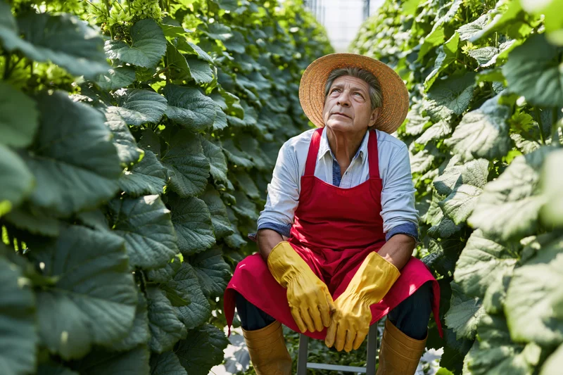 Senior man in straw hat and red apron seated on stool among raspberry plants in greenhouse, looking up