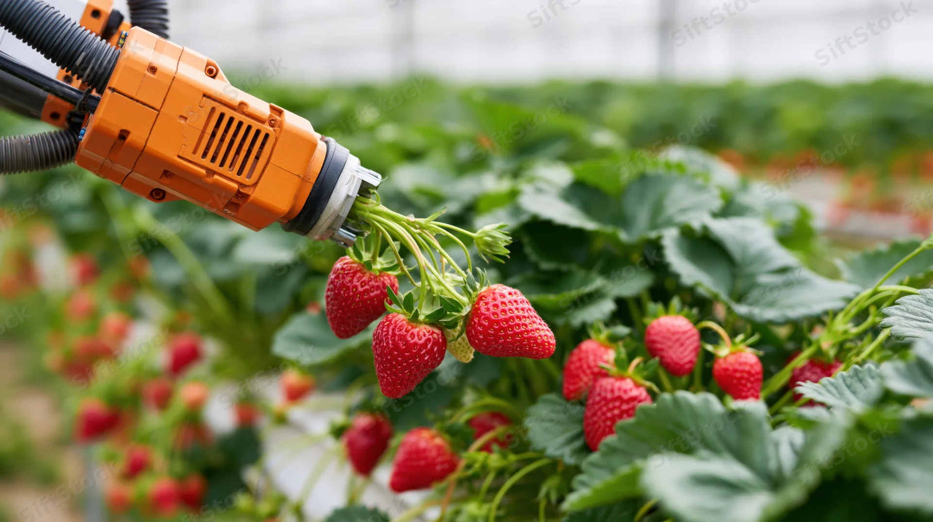 Robotic arm harvesting strawberries in a greenhouse farm
