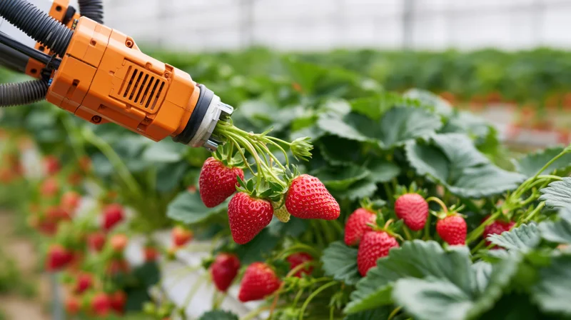 Robotic arm harvesting strawberries in a greenhouse farm