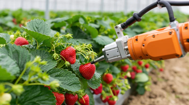 Robotic arm harvesting ripe strawberries in a greenhouse farm row