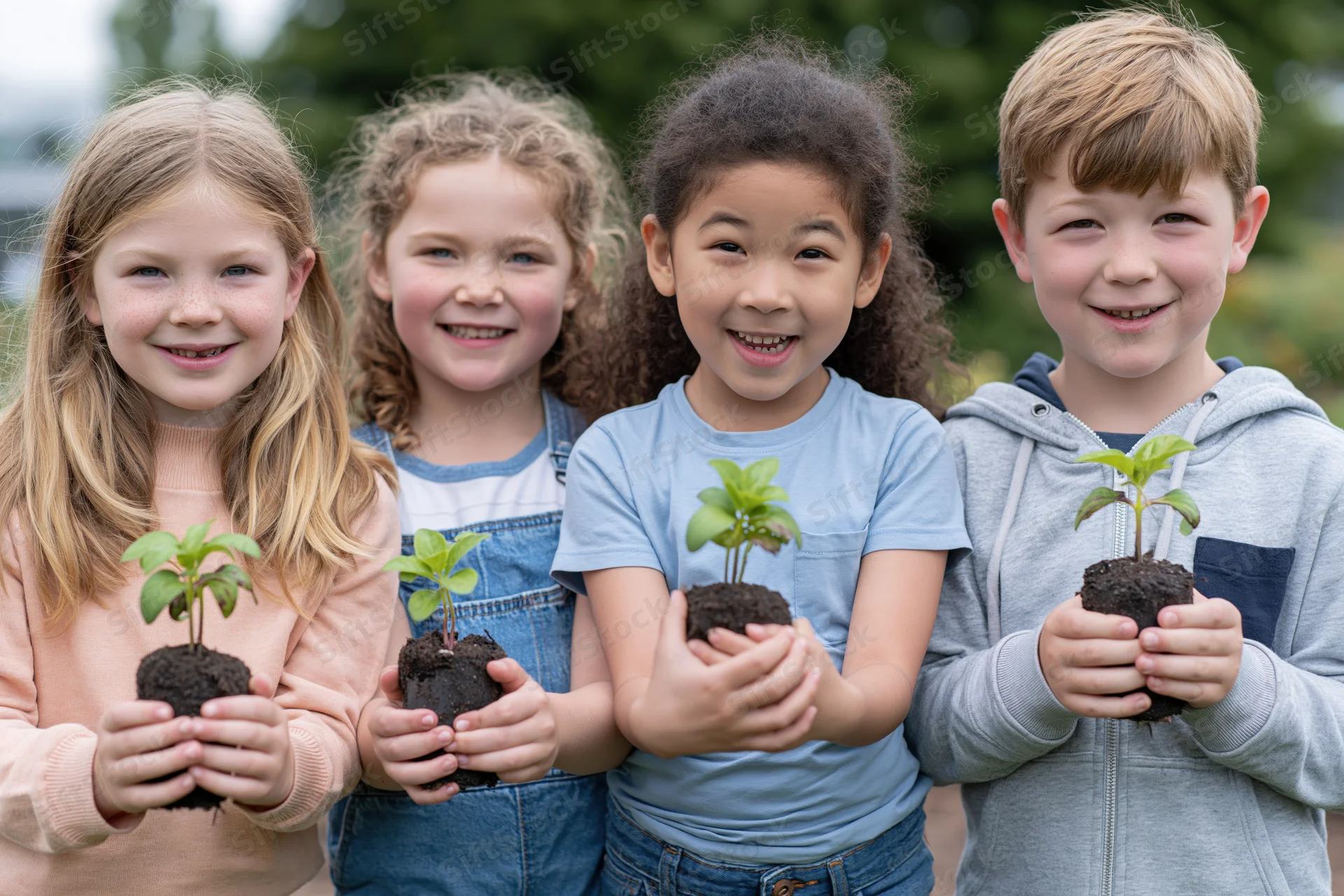 Four smiling children holding seedlings in soil outdoors