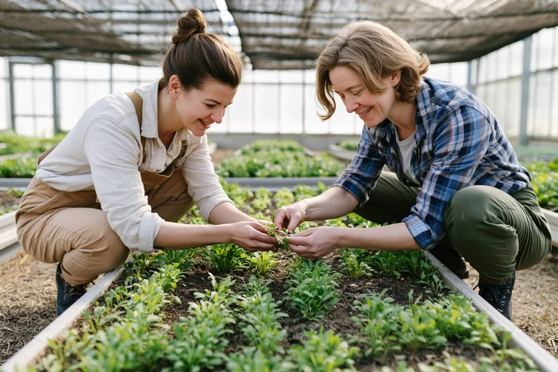 Two women crouching in a greenhouse examining young plants in soil beds