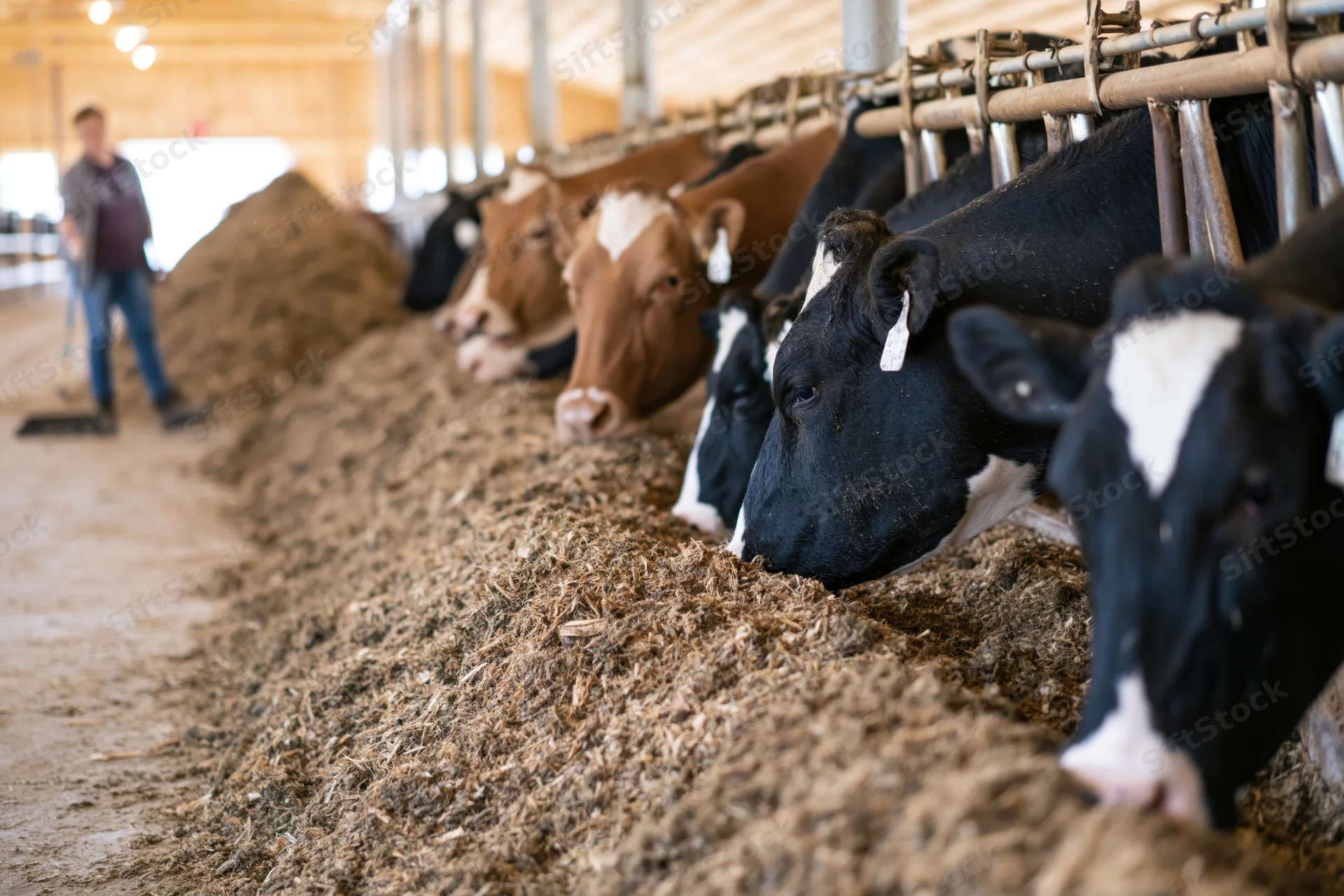Cows feeding from a trough in a dairy barn with a farmworker in the background