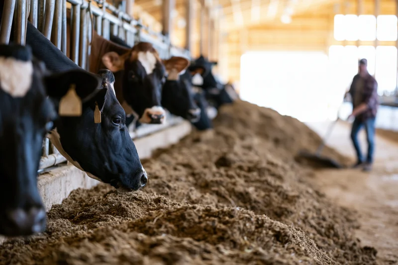 Black and white cows eating silage from a trough in a barn with a farmer shoveling in the background