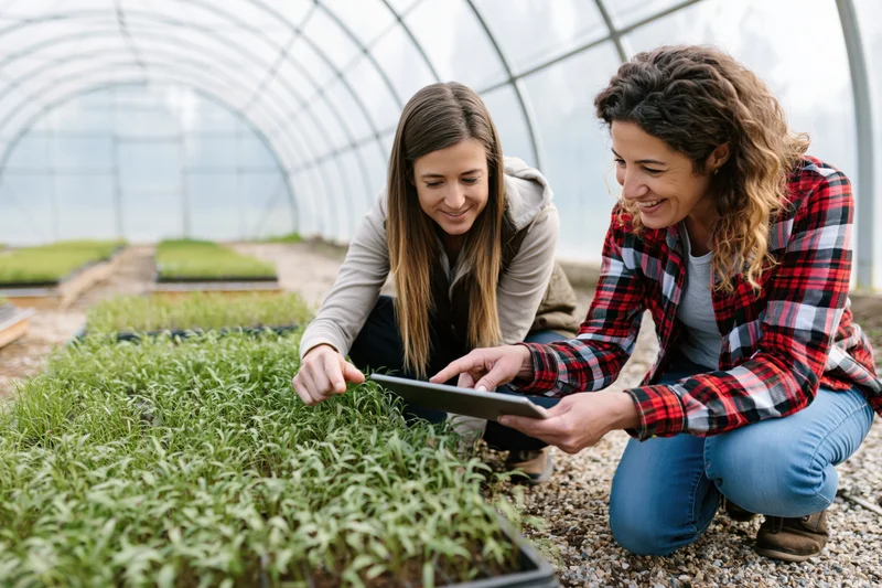 Two women examining seedlings in a greenhouse using a tablet
