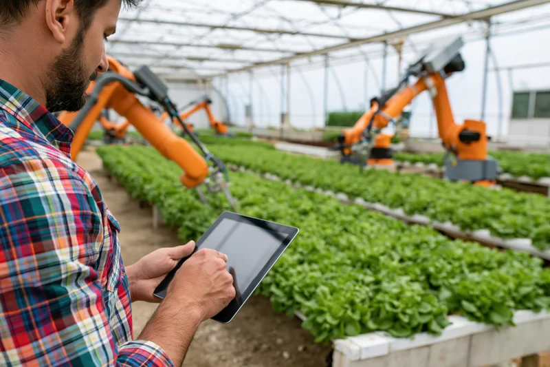 Farmer using tablet to monitor hydroponic lettuce growth in greenhouse with robotic arms