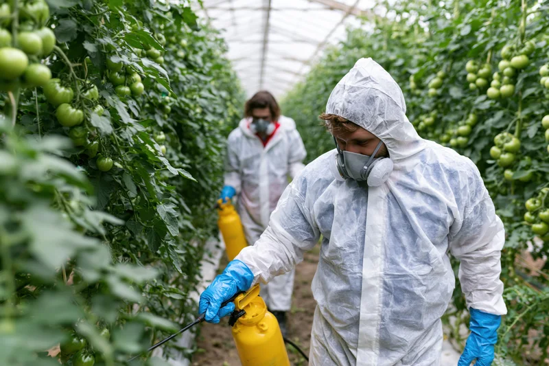 Two workers in protective suits spraying pesticide on tomato plants inside a greenhouse