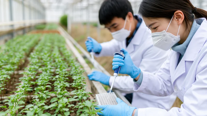 Scientists in lab coats testing plant seedlings in a greenhouse with pipettes and microplates