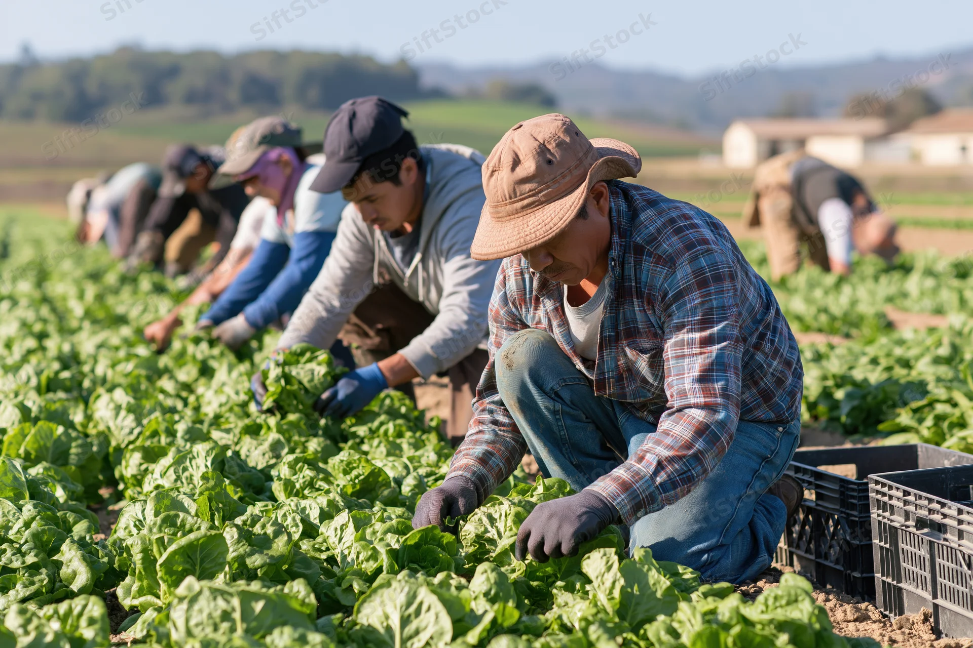 Farmworkers harvesting lettuce in a field during daytime