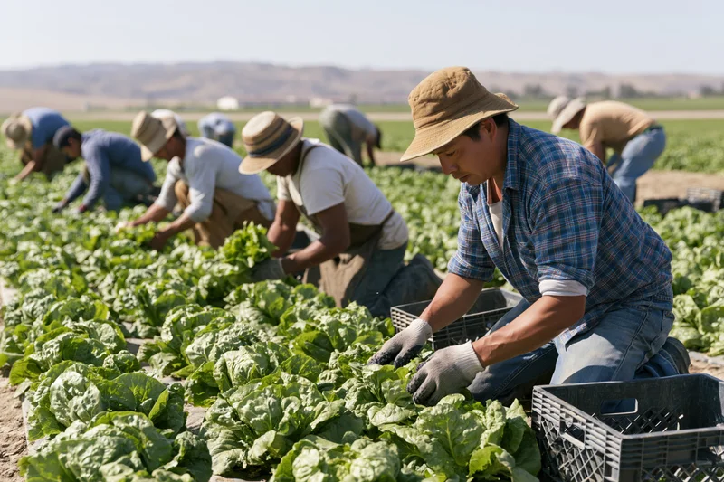 Farmworker harvesting lettuce in a field during daytime