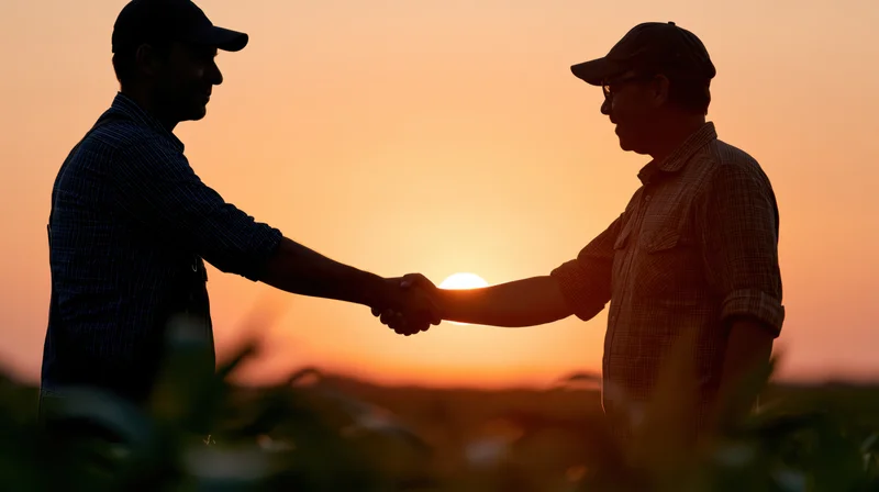 Two farmers shaking hands in a field at sunset