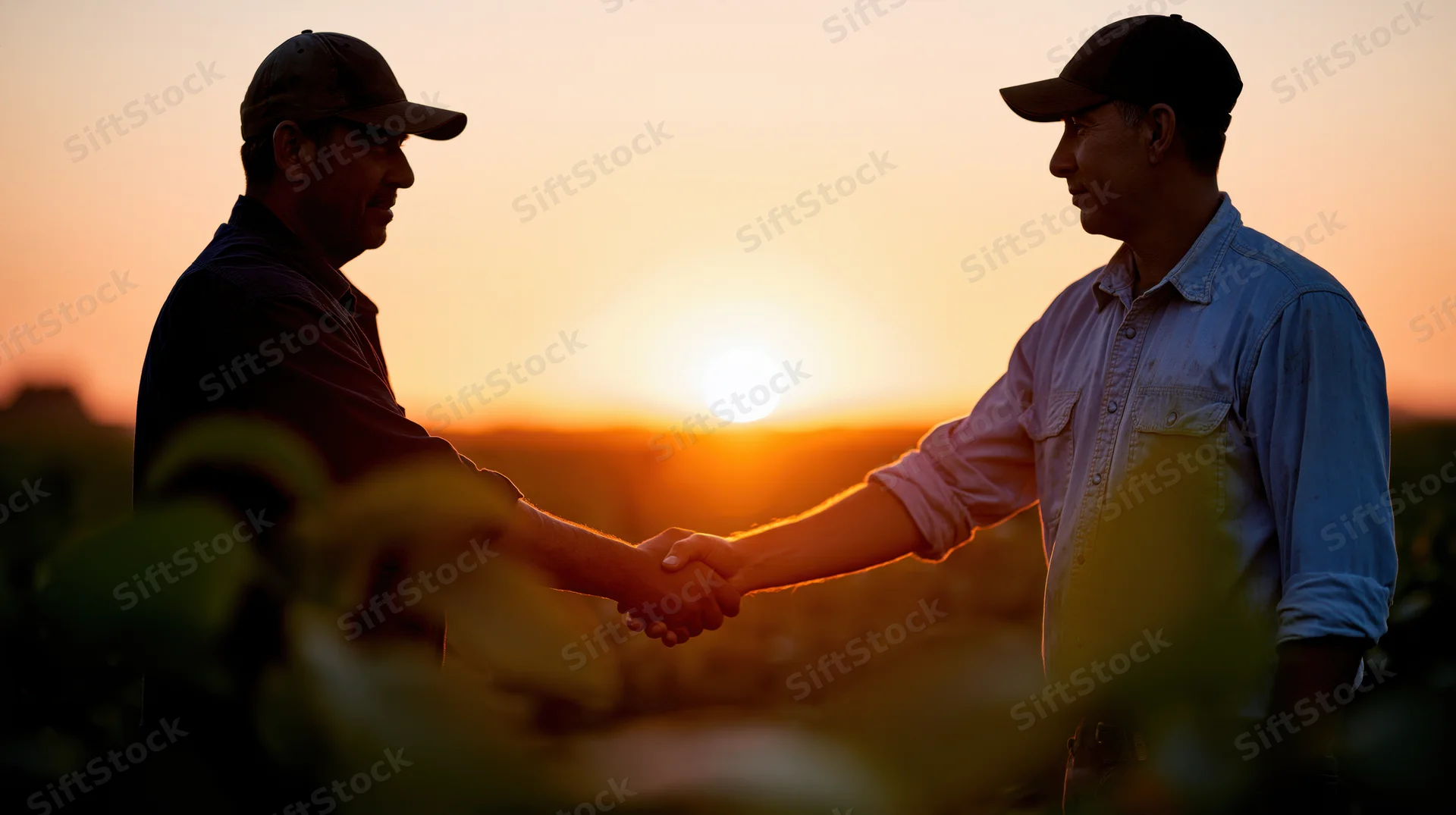 Two farmers shaking hands in a field at sunset