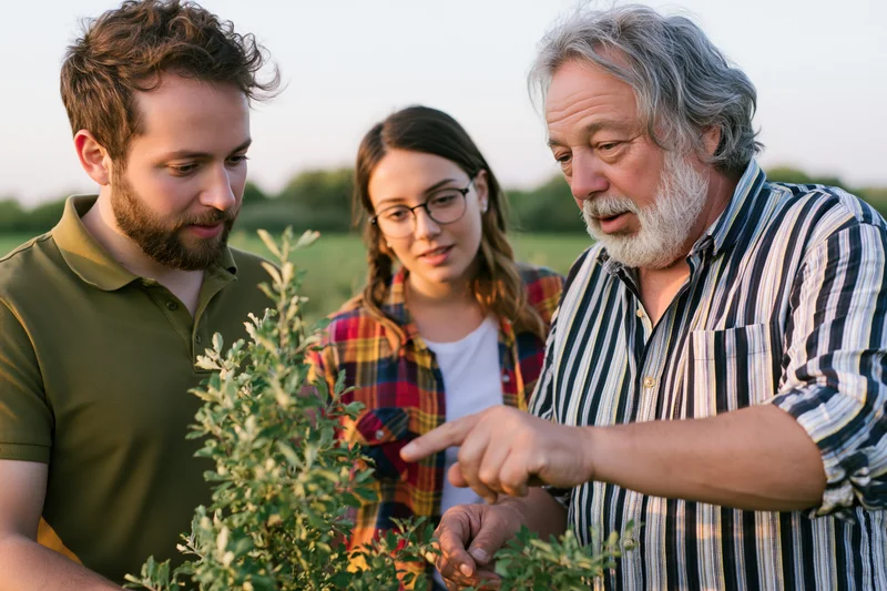 Senior farmer teaching young man and woman about a plant in a field