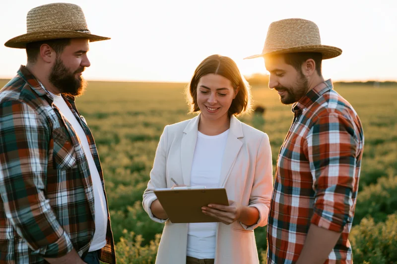 Woman holding clipboard with two farmers in a field at sunset