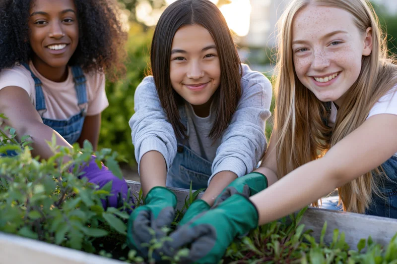 Three smiling girls gardening together in a raised bed outdoors