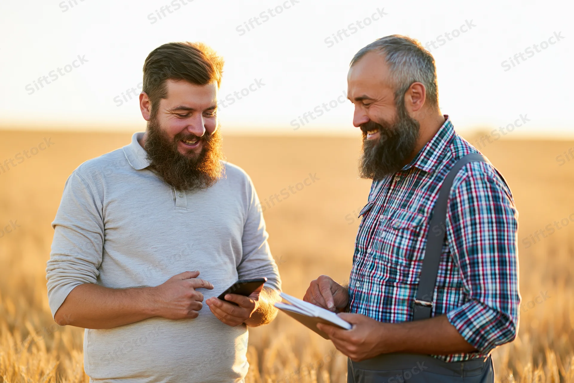 Two bearded men smiling and discussing crop data on smartphone and tablet in a wheat field at sunset
