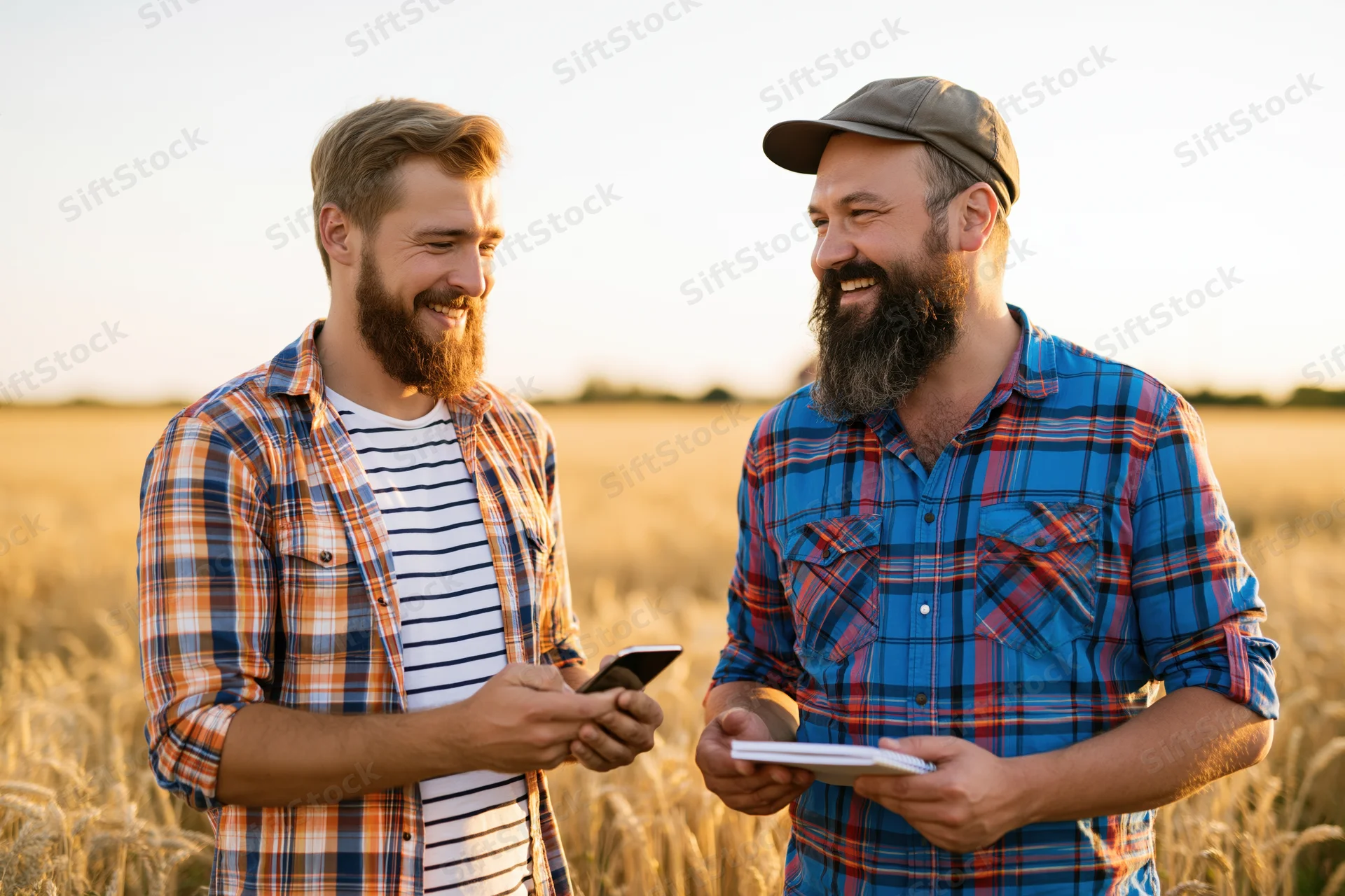 Two bearded men smiling and discussing crops in a wheat field at sunset