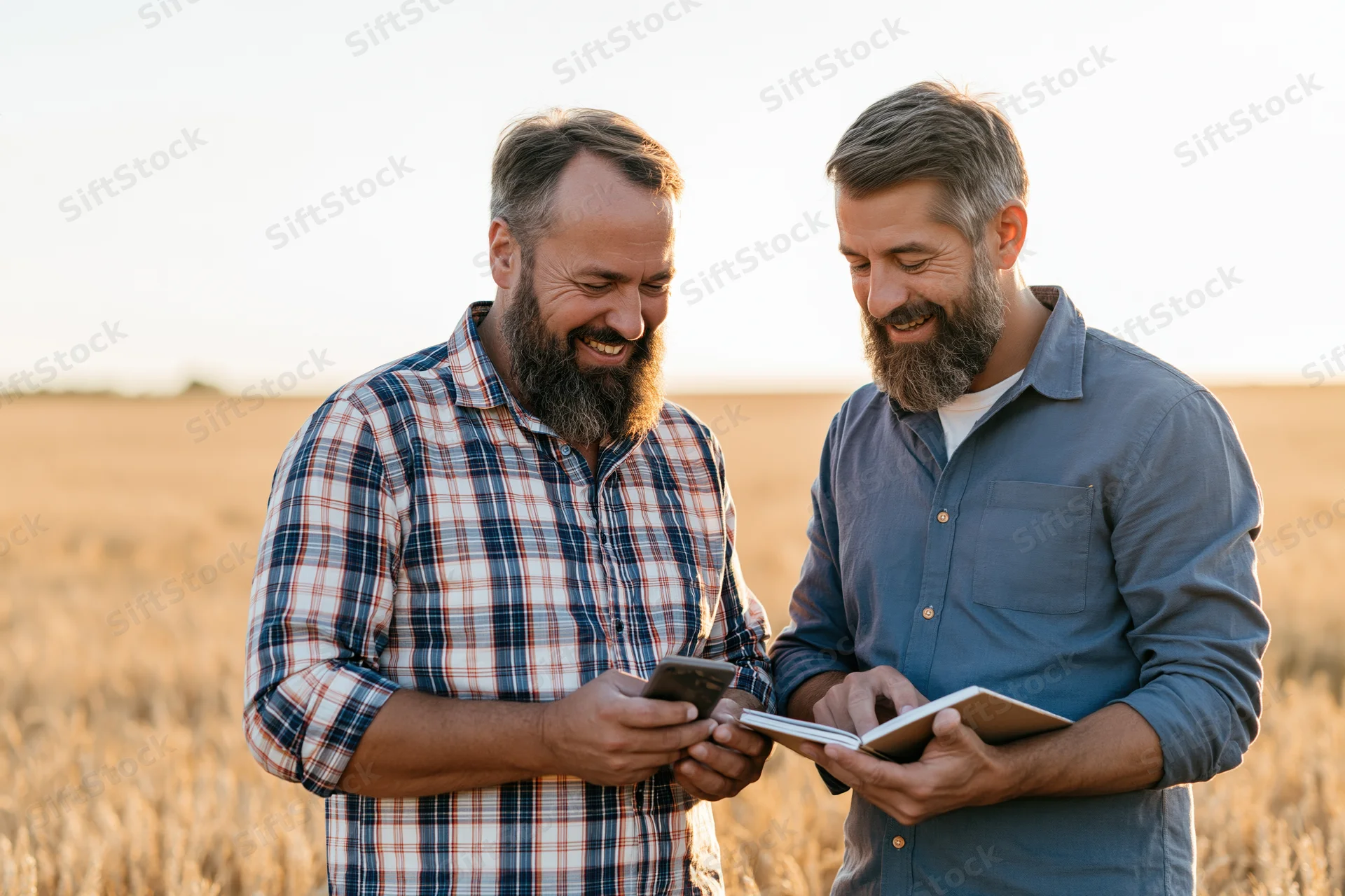 Two bearded men smiling while using tablet and smartphone in a wheat field at sunset