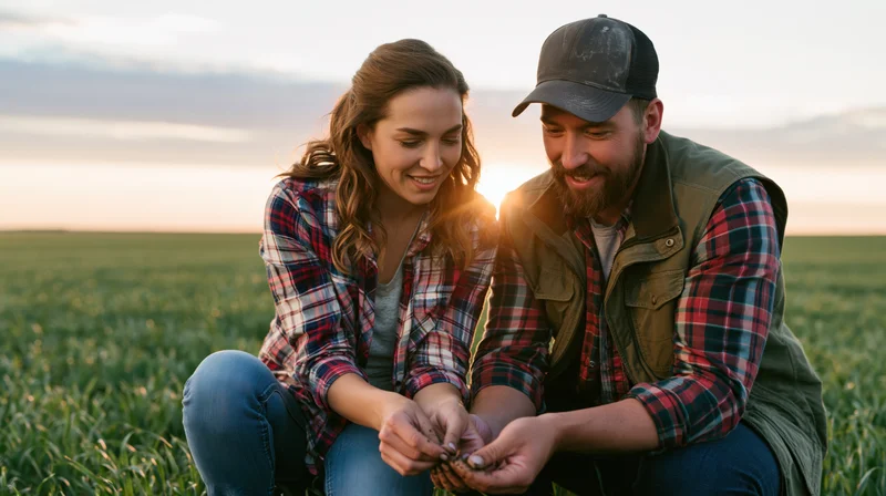 Two farmers crouching in a field examining a plant at sunset