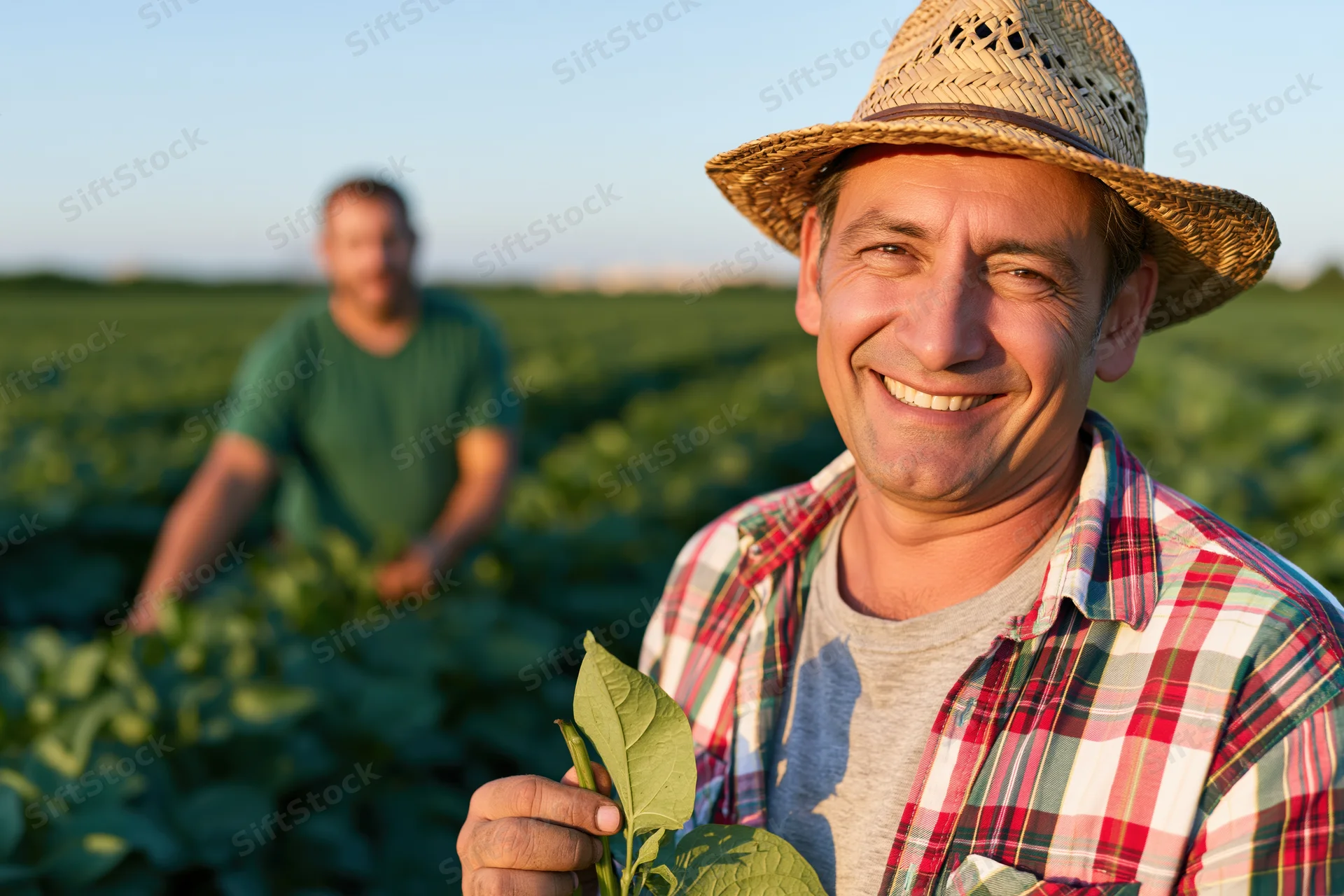 Smiling farmer holding a leaf in a field with another farmer working in the background