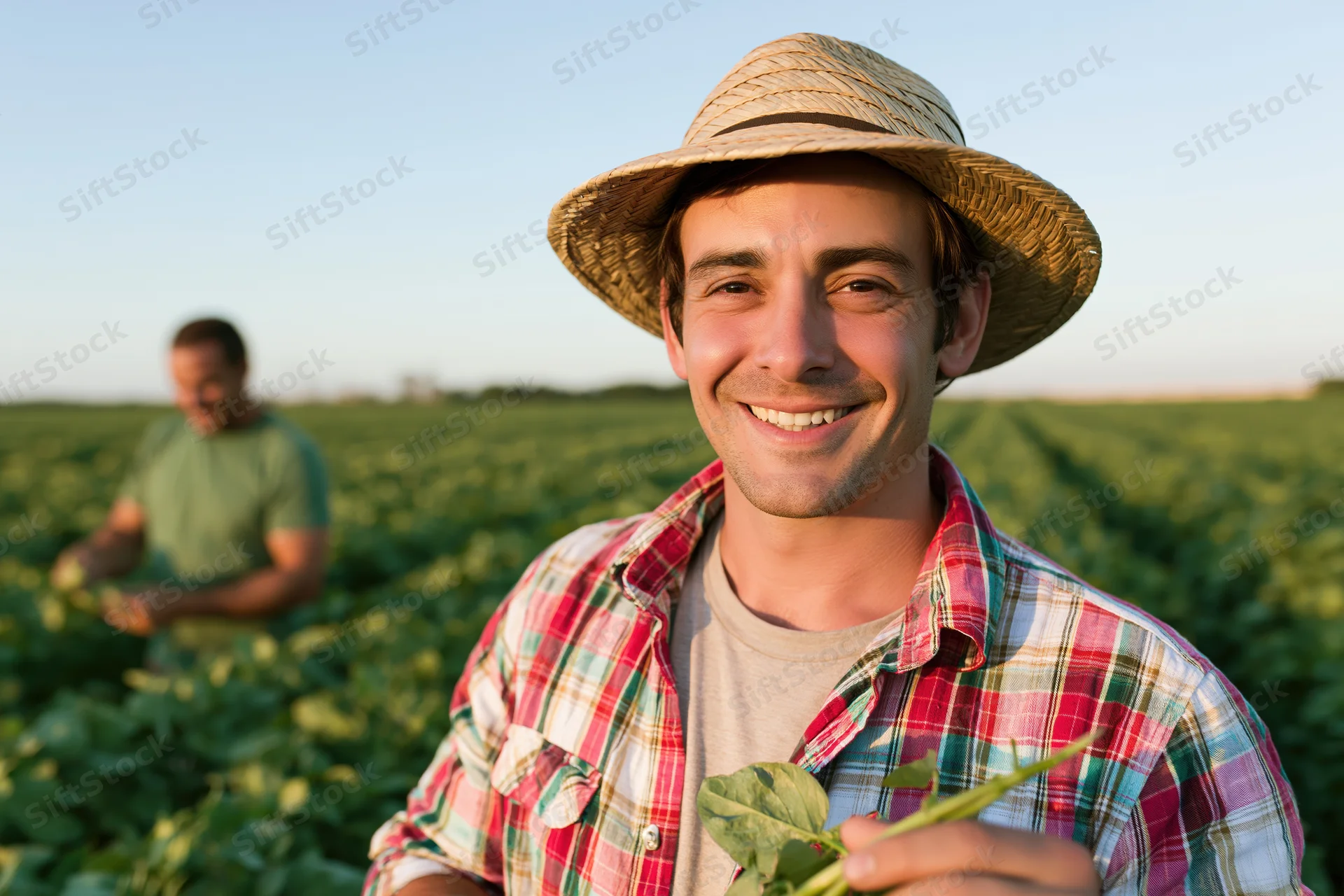 Smiling farmer holding a leafy vegetable in a vast green field with another farmer working in the background
