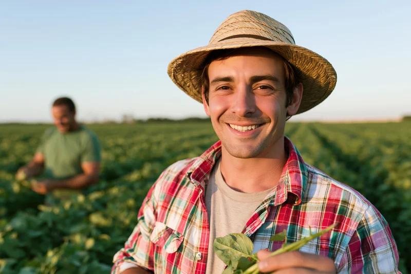 Smiling farmer holding a leafy vegetable in a vast green field with another farmer working in the background